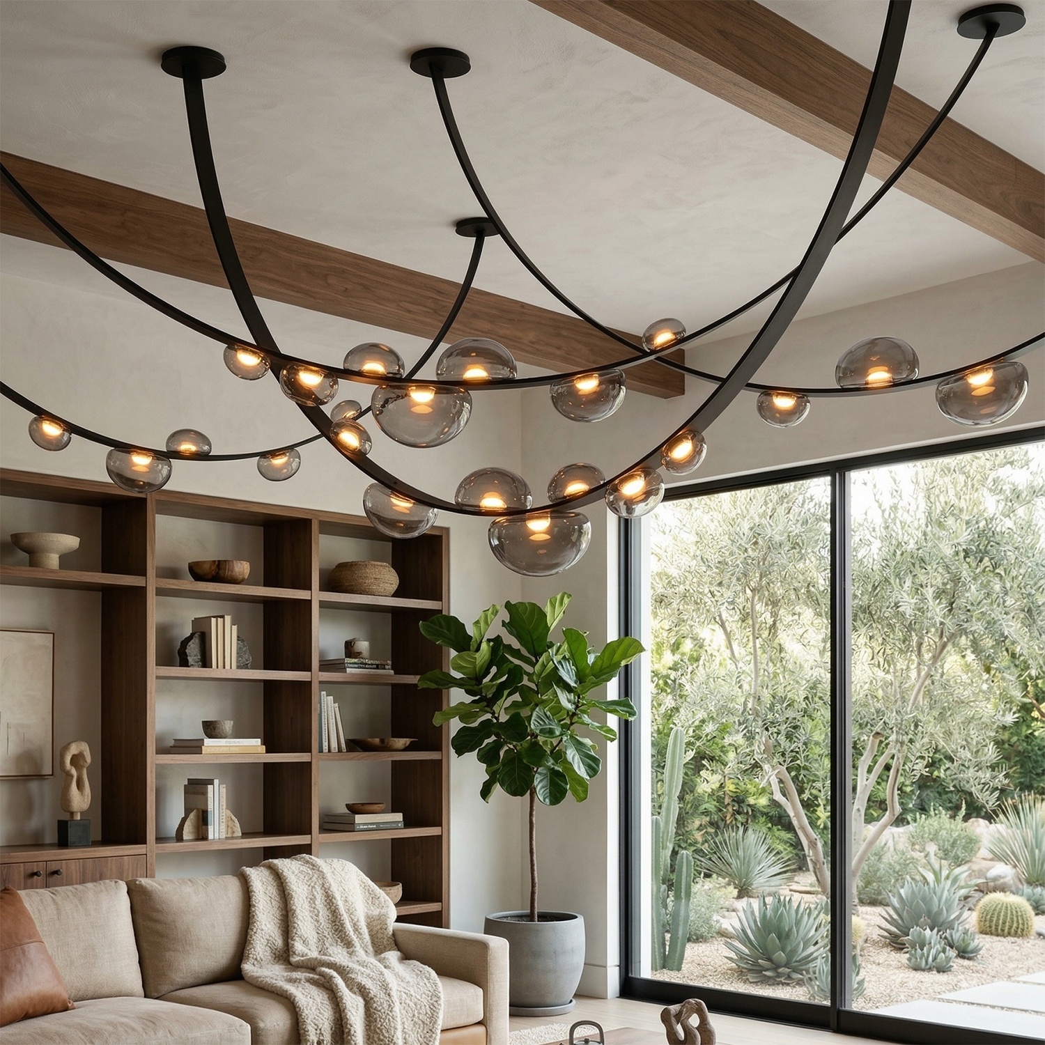Dew Aura Leather-Strap Glass Pendant - Luxury Home Library Built-in Bookshelf Lighting | HoaiLamp