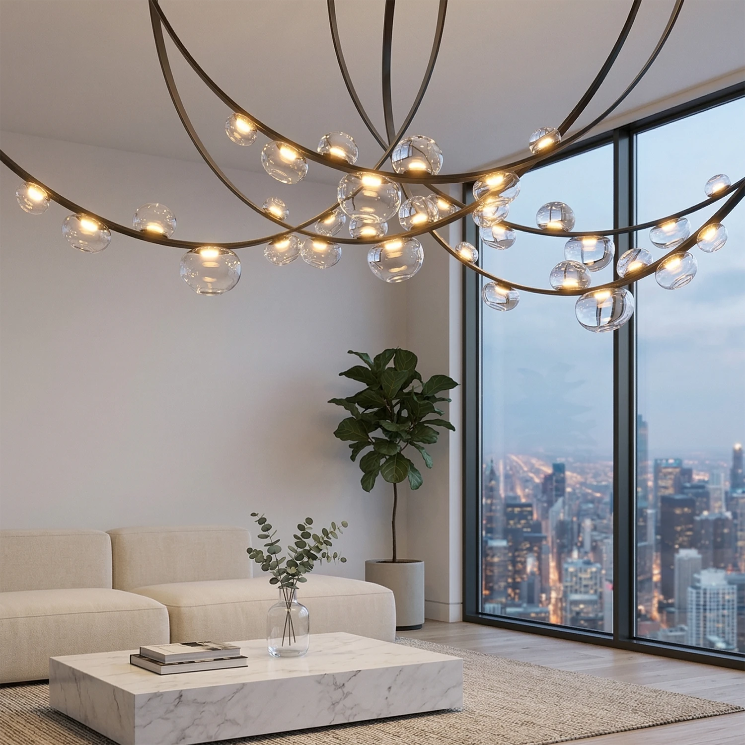 Dew Aura Leather-Strap Glass Pendant - Urban Penthouse Living Room City Skyline View | HoaiLamp