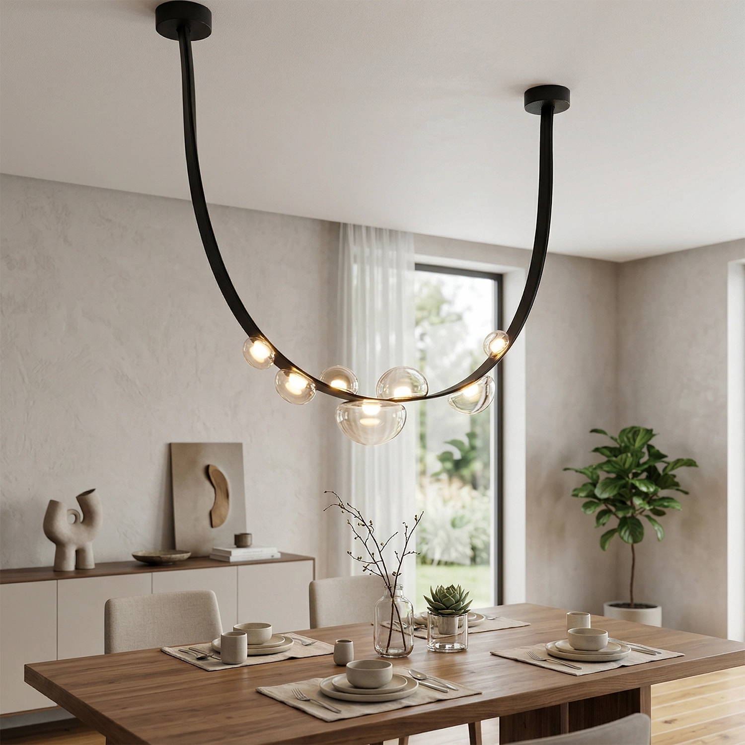 Dew Aura Leather-Strap Glass Pendant - Modern Dining Room Natural Oak Furniture Pair | HoaiLamp
