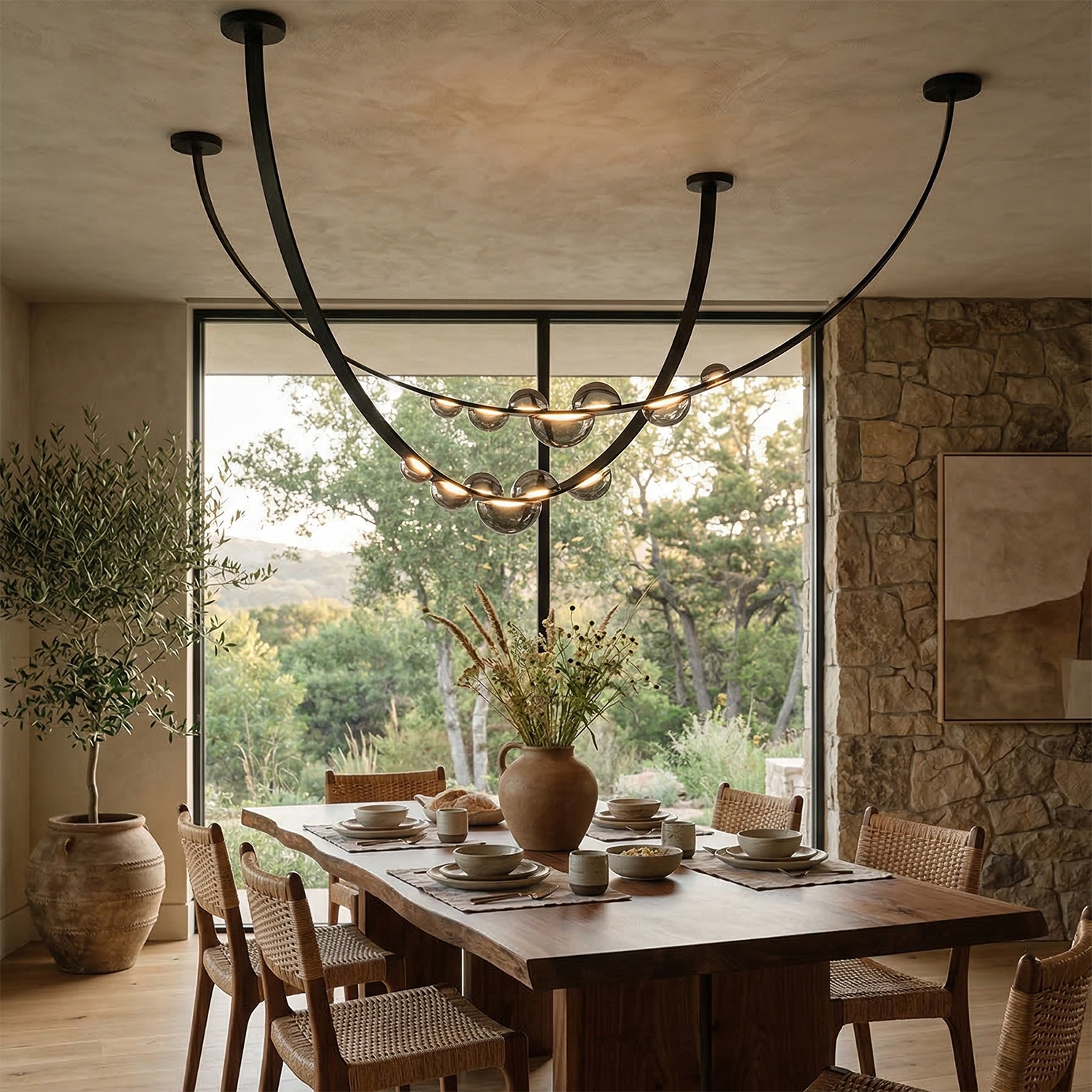 Dew Aura Leather-Strap Glass Pendant - Rustic Villa Dining Area Stone Architecture Glow | HoaiLamp