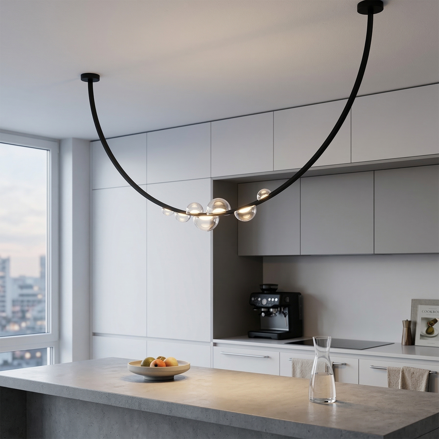 Dew Aura Leather-Strap Glass Pendant - Urban Apartment Kitchen Skyline Island Fixture | HoaiLamp