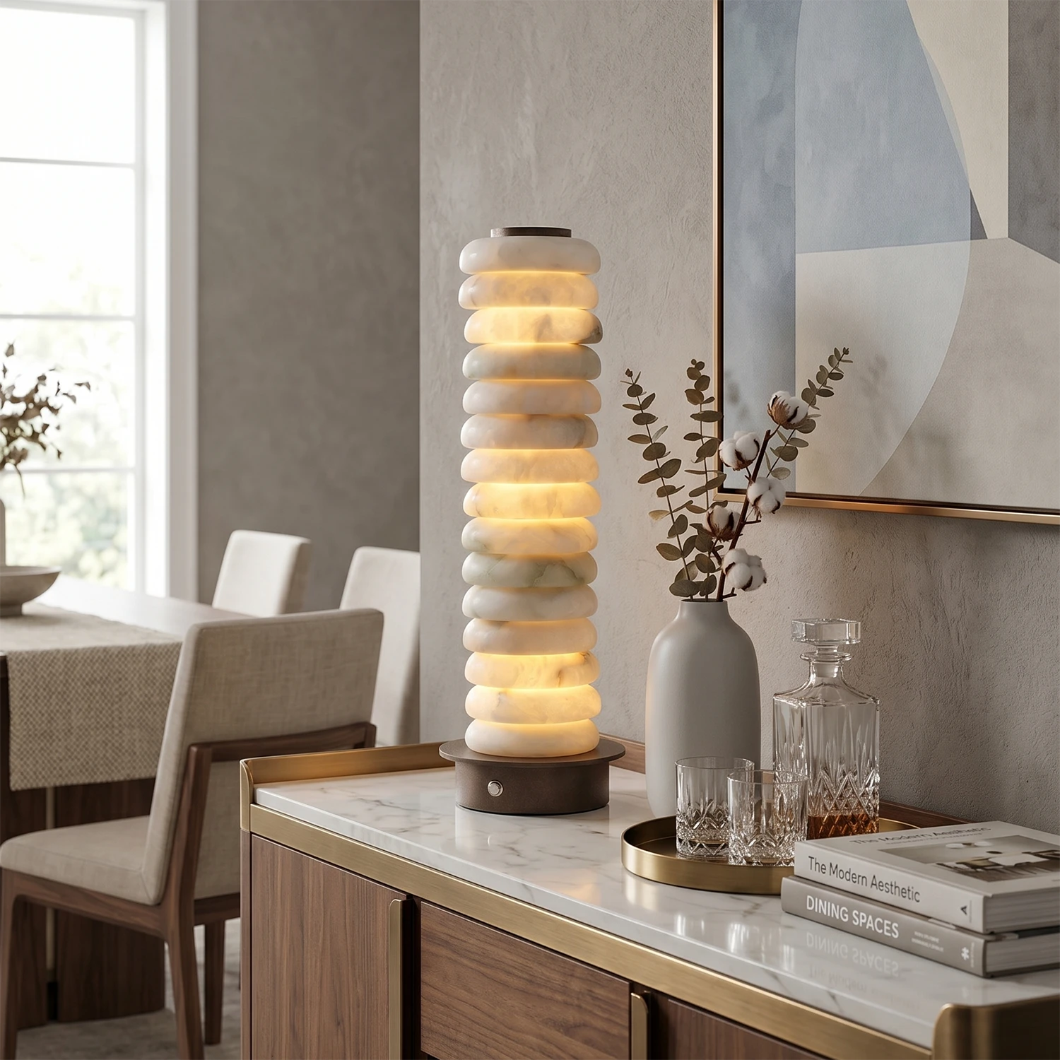 Multi-Tiered Alabaster Table Lamp - Contemporary Dining Room Sideboard Credenza Warm Ambiance | HoaiLamp