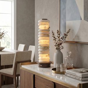 Multi-Tiered Alabaster Table Lamp - Contemporary Dining Room Sideboard Credenza Warm Ambiance | HoaiLamp