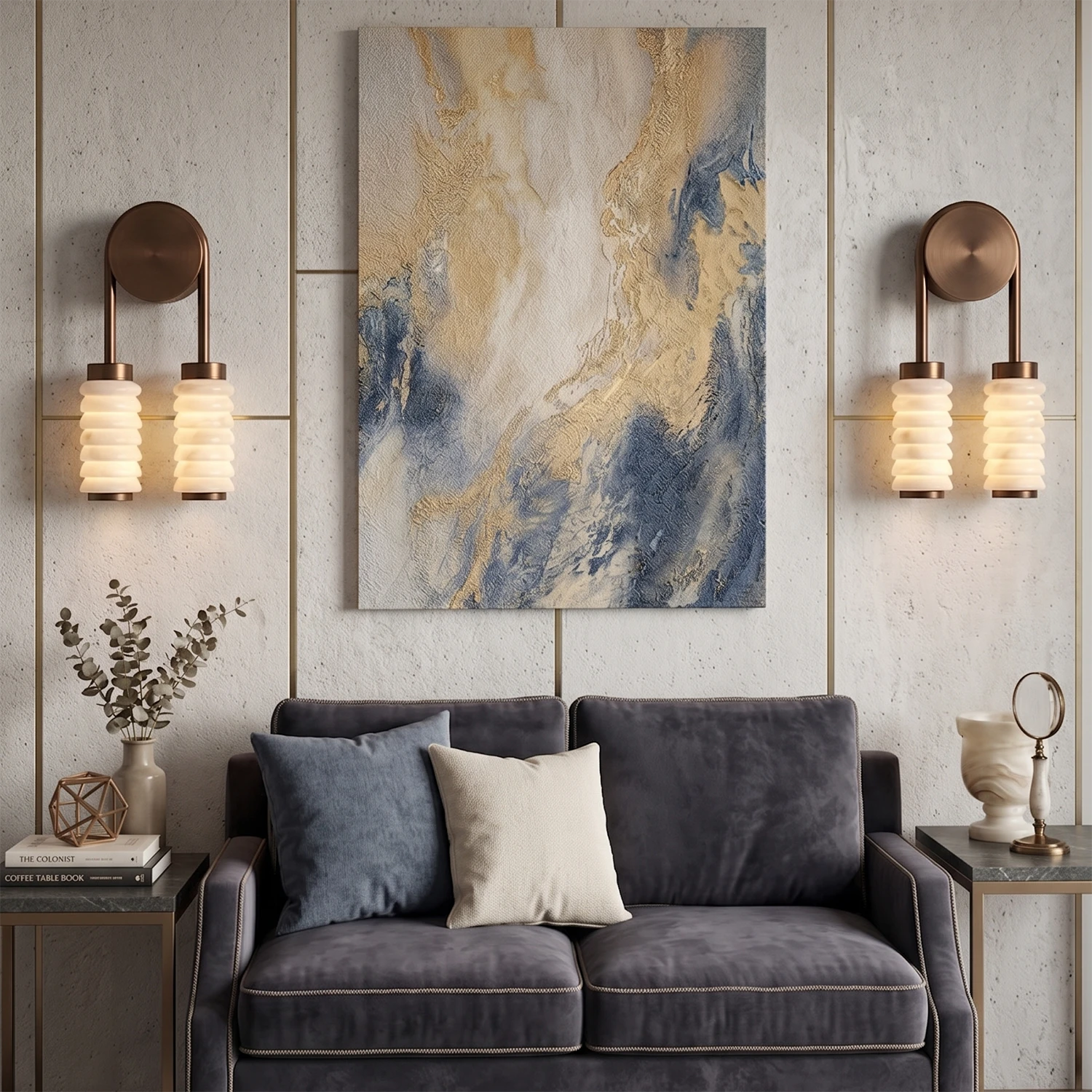 Spiral Alabaster Wall Lamp - Art Deco Brass Profile | HoaiLamp Elegant Sofa Backdrop Living Room Lighting