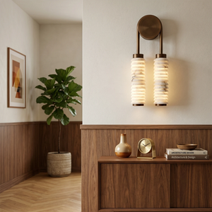 Spiral Alabaster Wall Lamp - Art Deco Brass Profile | HoaiLamp Mid-Century Hallway Symmetrical Double Light