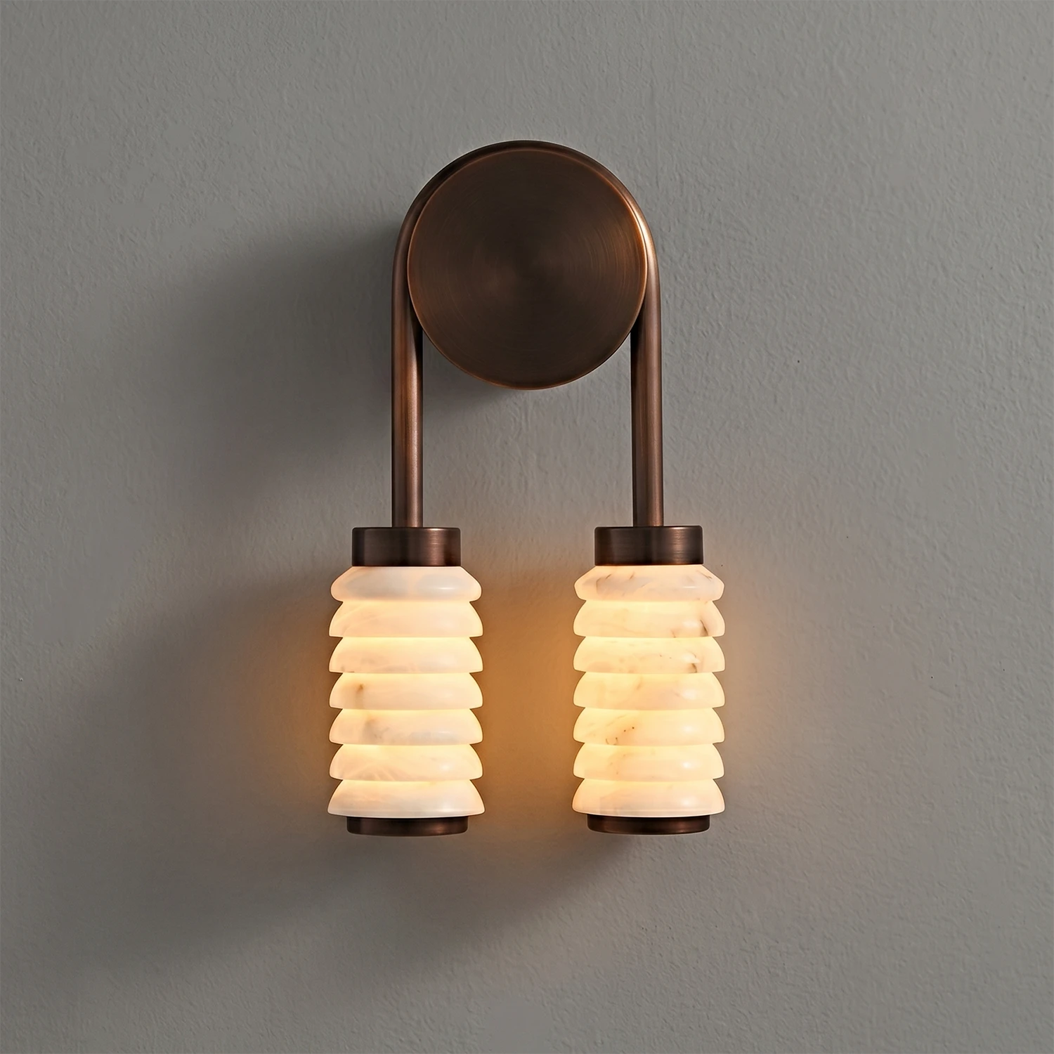 Spiral Alabaster Wall Lamp - Art Deco Brass Profile | HoaiLamp Petite Double-Shade Symmetrical Light