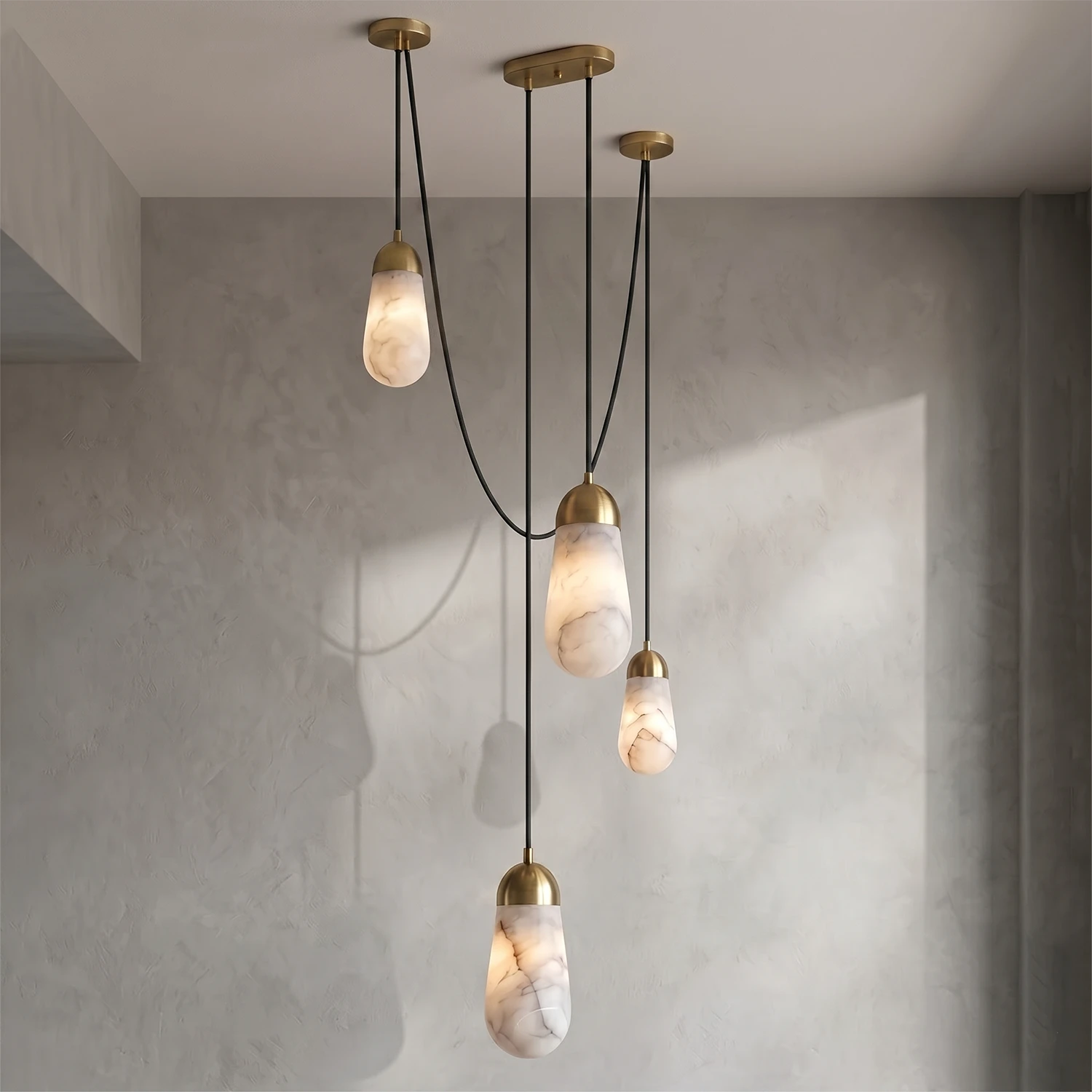 Droplet Natural Alabaster Multi-Chandelier - 4-light staggered cluster (brass canopy)