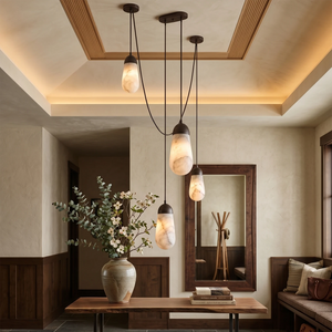Droplet Alabaster Multi-Light Chandelier By Hoailamp-4-Light-Brass-Canopy-Elegant-Dining-Area