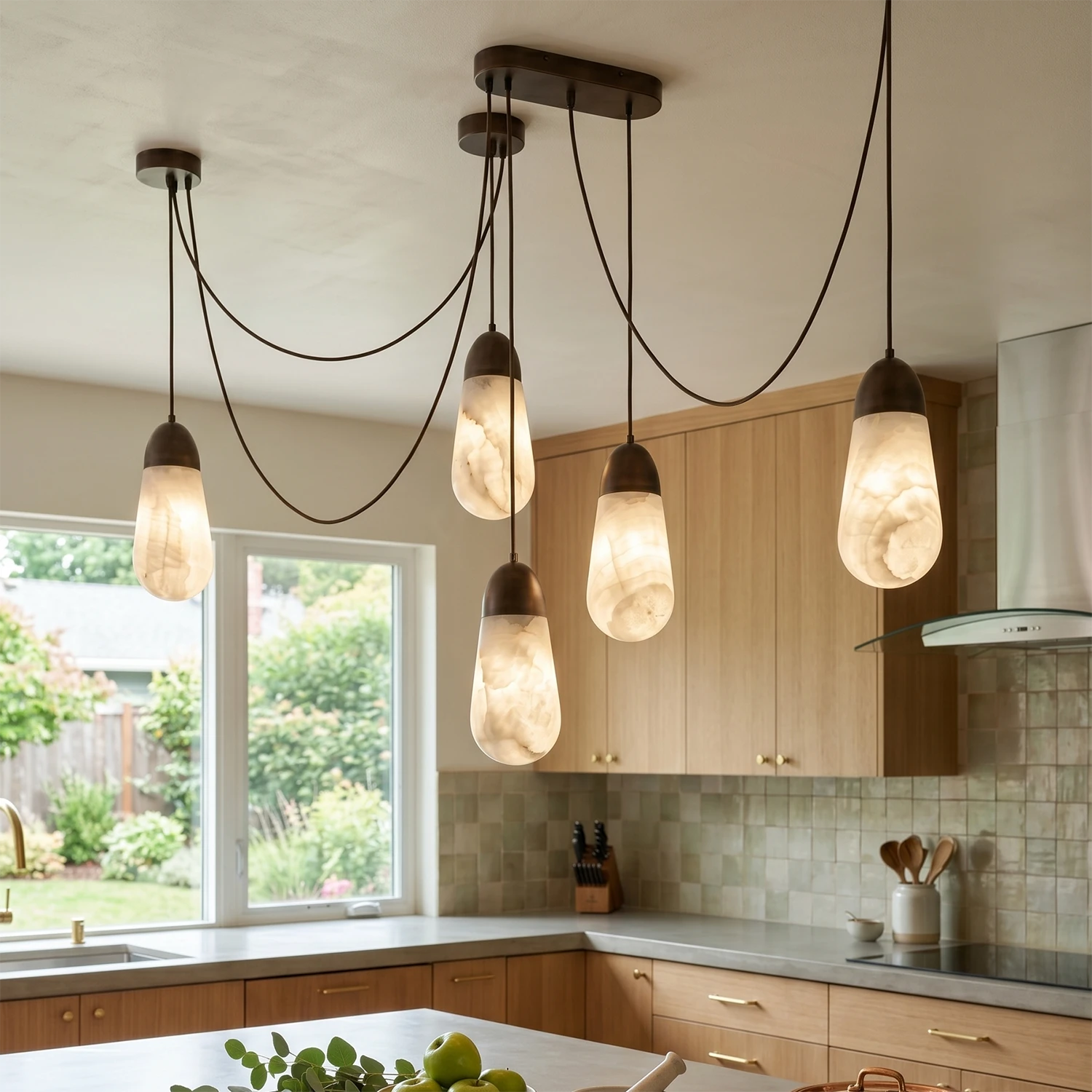 Droplet Alabaster Multi-Light Chandelier By Hoailamp-5-Light-Black-Canopy-Cozy-Wooden-Kitchen-Island