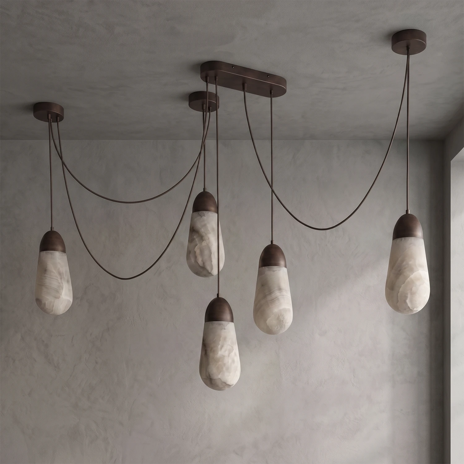 Droplet Alabaster Multi-Light Chandelier By Hoailamp-5-Light-Spider-Layout-Black-Hardware-Unlit