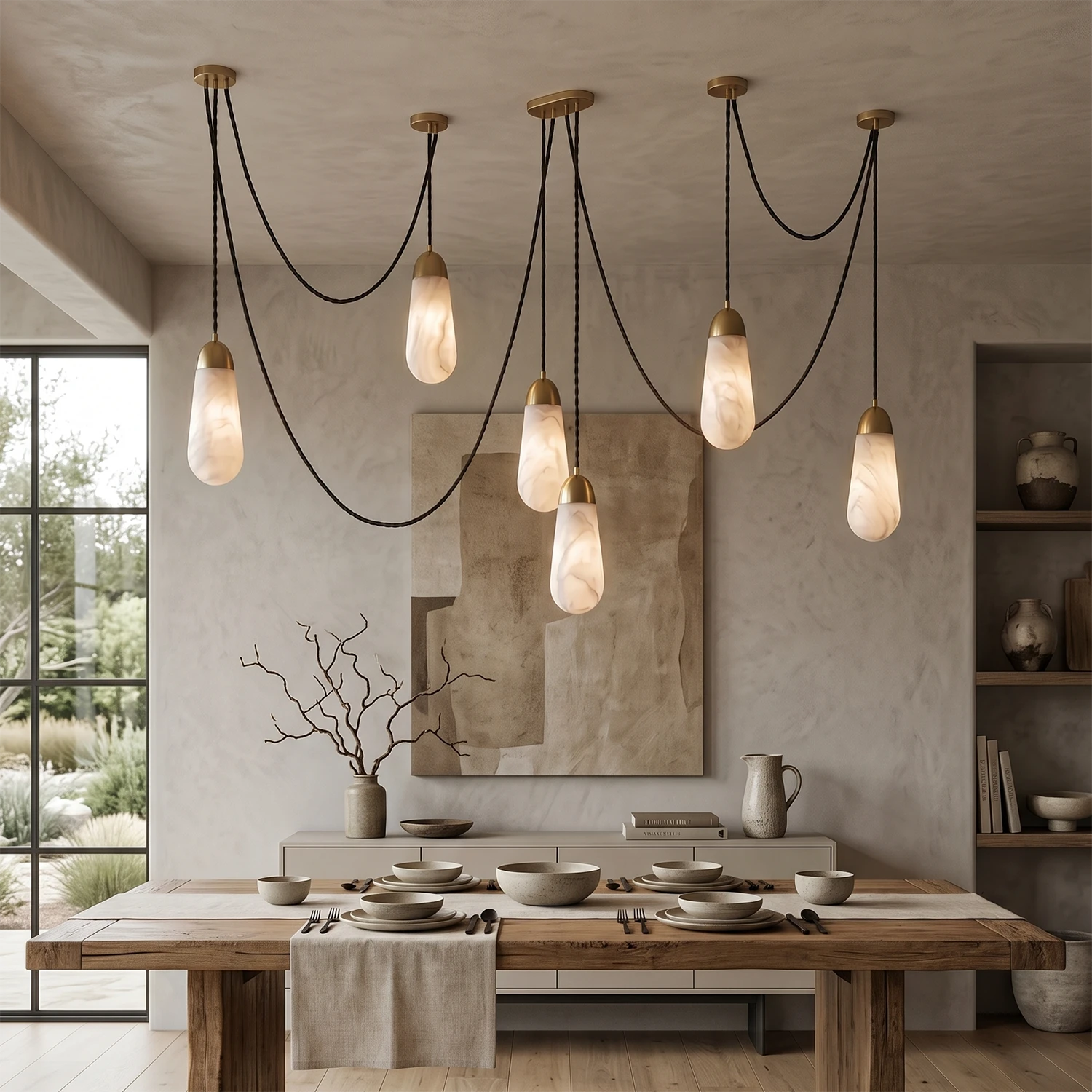 Droplet Alabaster Multi-Light Chandelier By Hoailamp-6-Light-Brass-Canopy-Wabi-Sabi-Wooden-Dining-Table