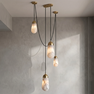 Droplet Natural Alabaster Multi-Chandelier - 5-light staggered cluster (brass canopy)