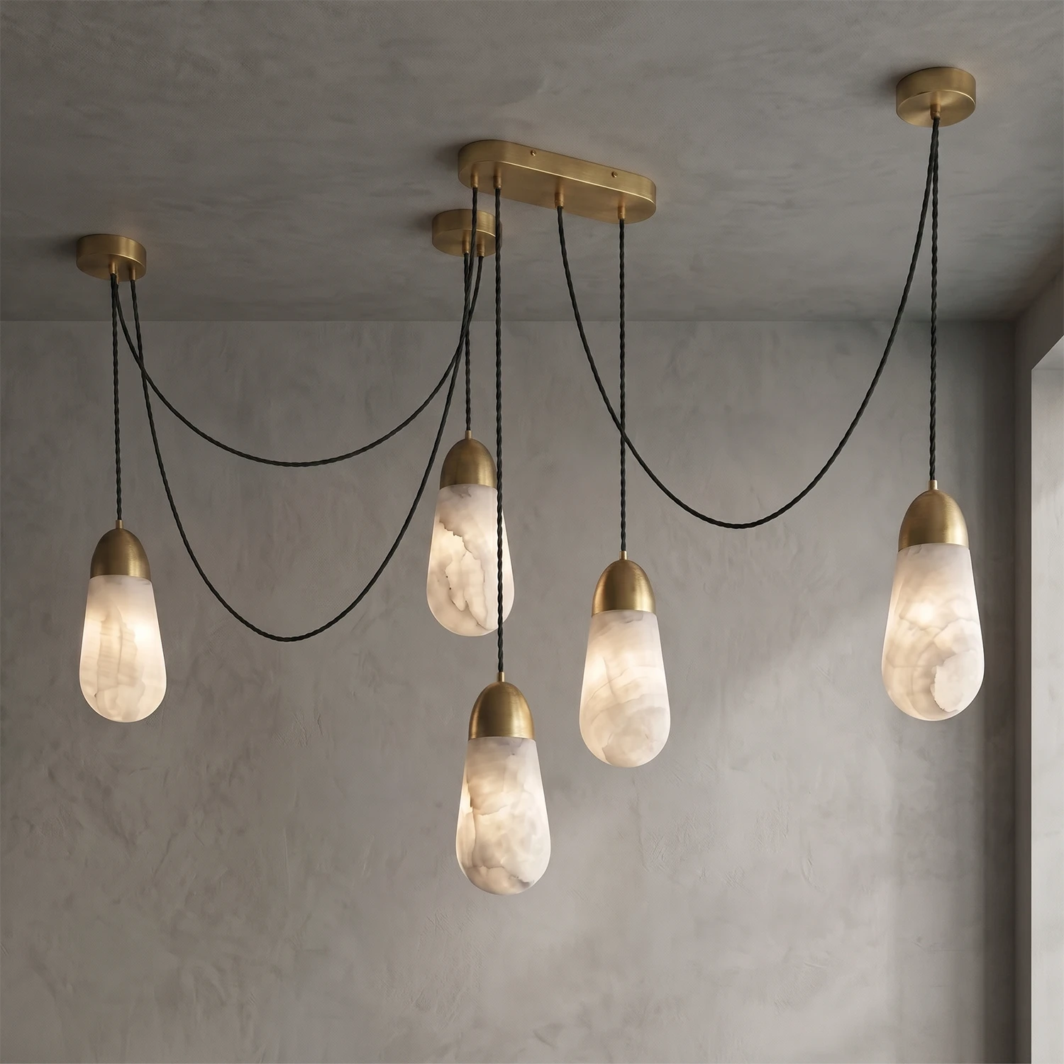 Droplet Natural Alabaster Multi-Chandelier - 5-light horizontal linear matrix (brass canopy)