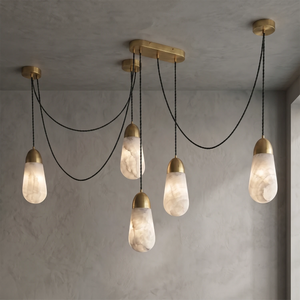 Droplet Natural Alabaster Multi-Chandelier - 5-light horizontal linear matrix (brass canopy)