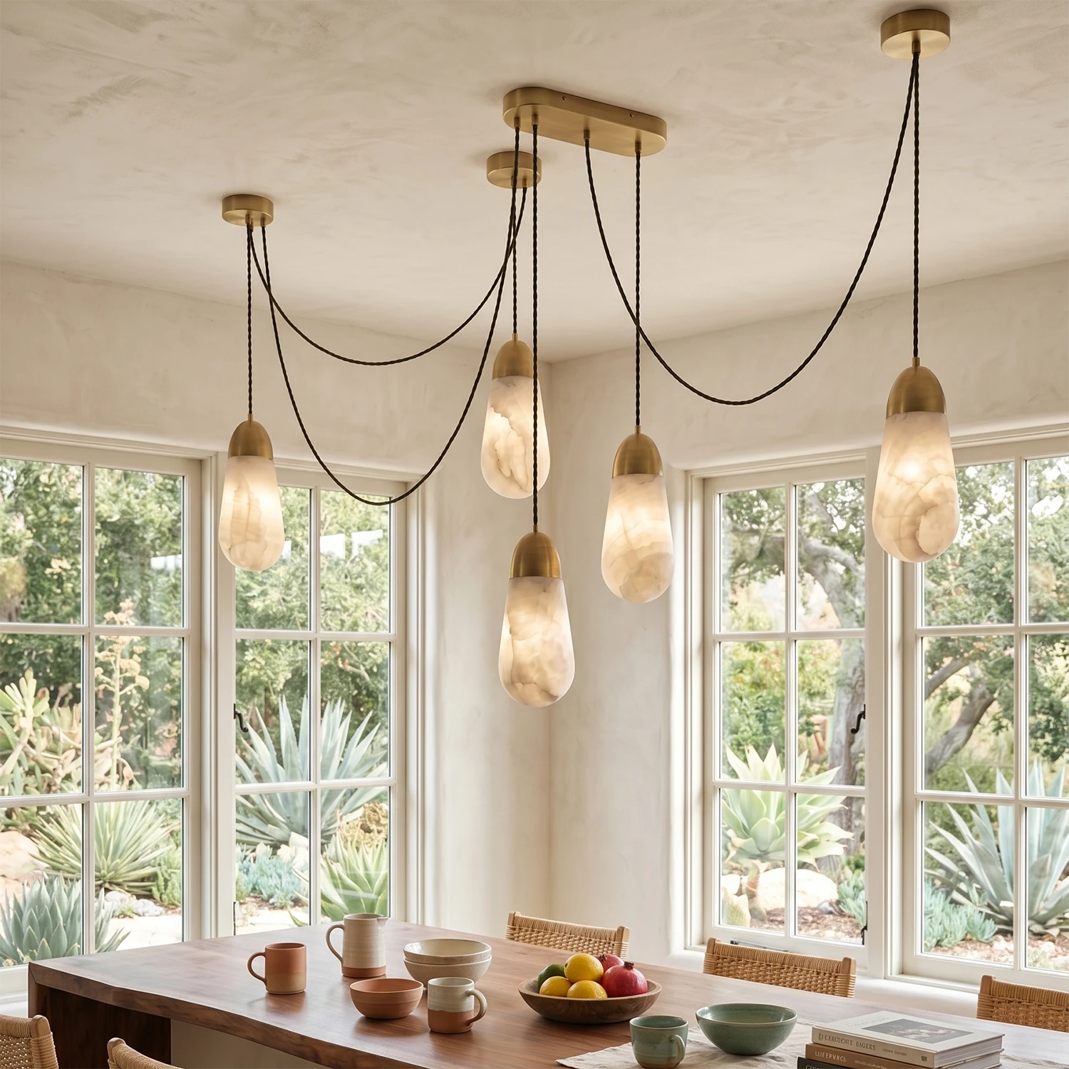 Droplet Natural Alabaster Multi-Chandelier - Bright dining room with grid glass windows
