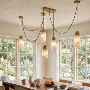 Droplet Natural Alabaster Multi-Chandelier - Bright dining room with grid glass windows