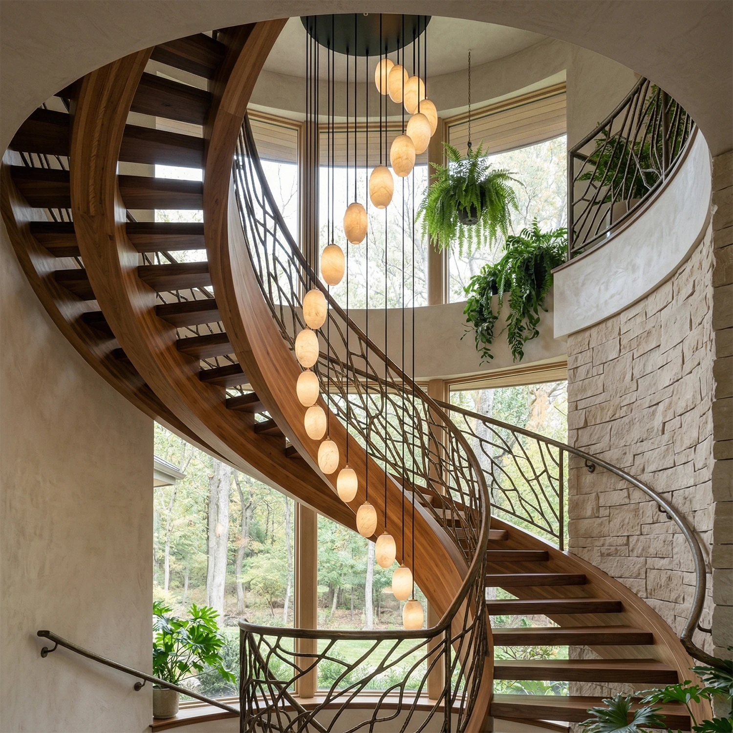 Egg-Shaped Alabaster Chandelier -Helical Wooden Stairway and Glass Alabaster Pendant Chandelier | HoaiLamp
