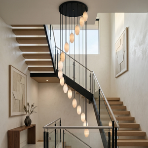 Egg-Shaped Alabaster Chandelier -Floating Wooden Stairwell with Cascading Stone Oval Chandeliers | HoaiLamp