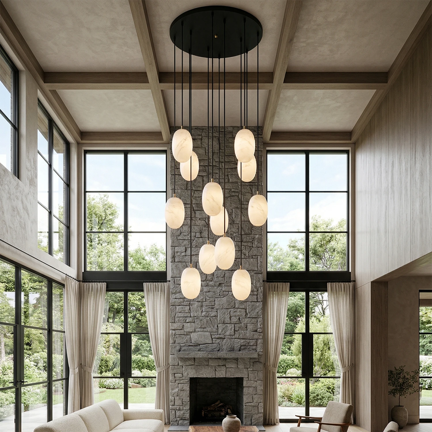 Egg-Shaped Alabaster Chandelier - Double-height Great Room Staircase with Large-scale Alabaster Chandelier | HoaiLamp