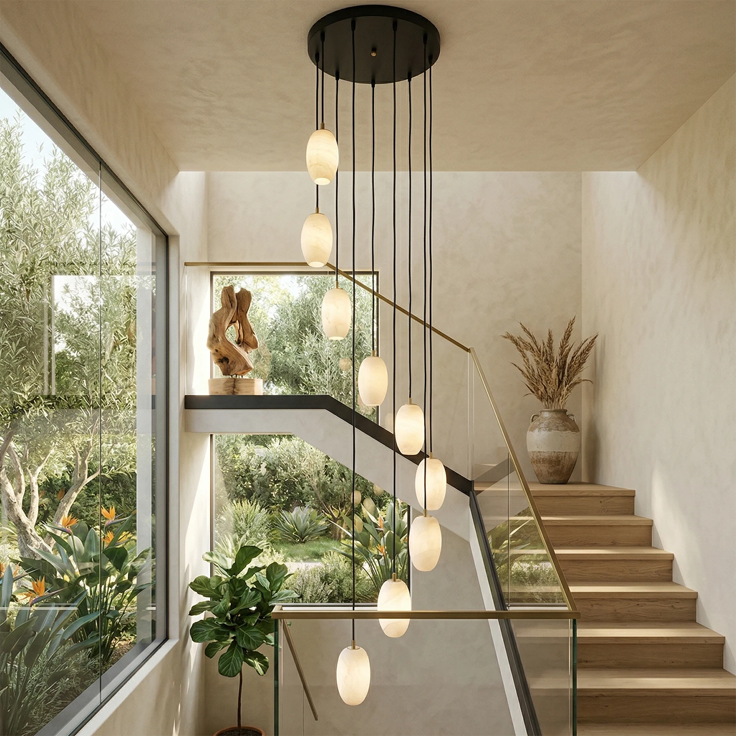 Egg-Shaped Alabaster Pendant Chandelier for Staircase Foyer - Natural Stone Cluster Hoai Lamp