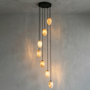 Alabaster Egg Pendant 7-Light Cascade Chandelier Warm Glow Natural Stone Veining Hoai Lamp