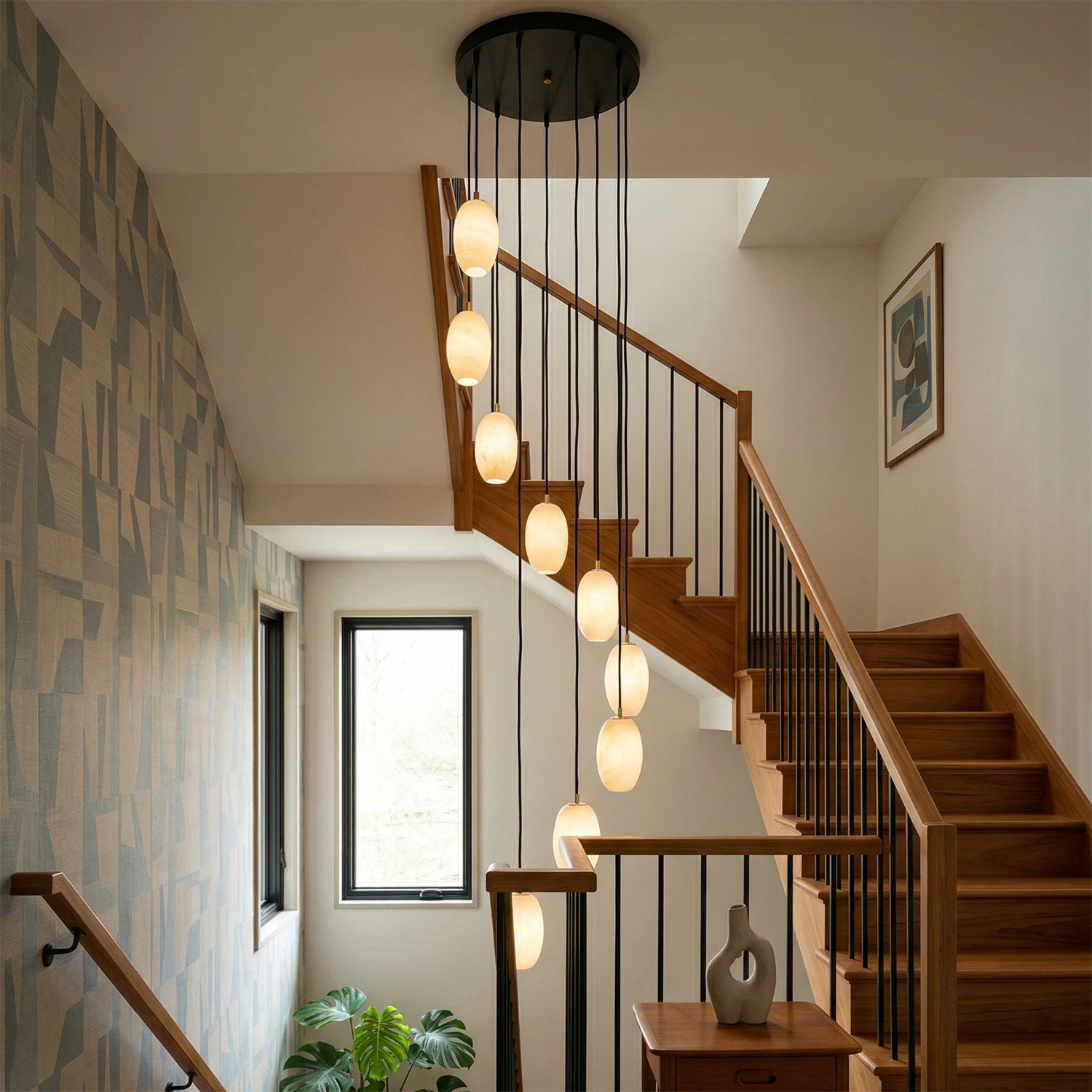 Egg-Shaped Alabaster Pendant Chandelier for Staircase Foyer - Natural Stone Cluster Hoai Lamp