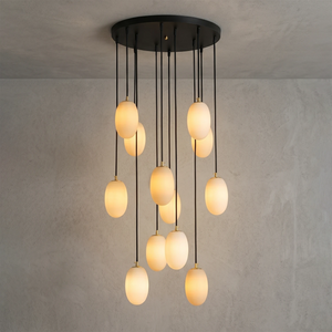 Egg-Shaped Alabaster Chandelier - Symmetrical Oval Grouping on Black Canopy for Balanced Illumination | HoaiLamp