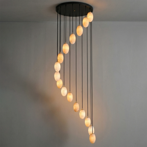 Egg-Shaped Alabaster Chandelier - Full 15-Light Spiral Configuration showing Complete Helical Droplet Effect | HoaiLamp