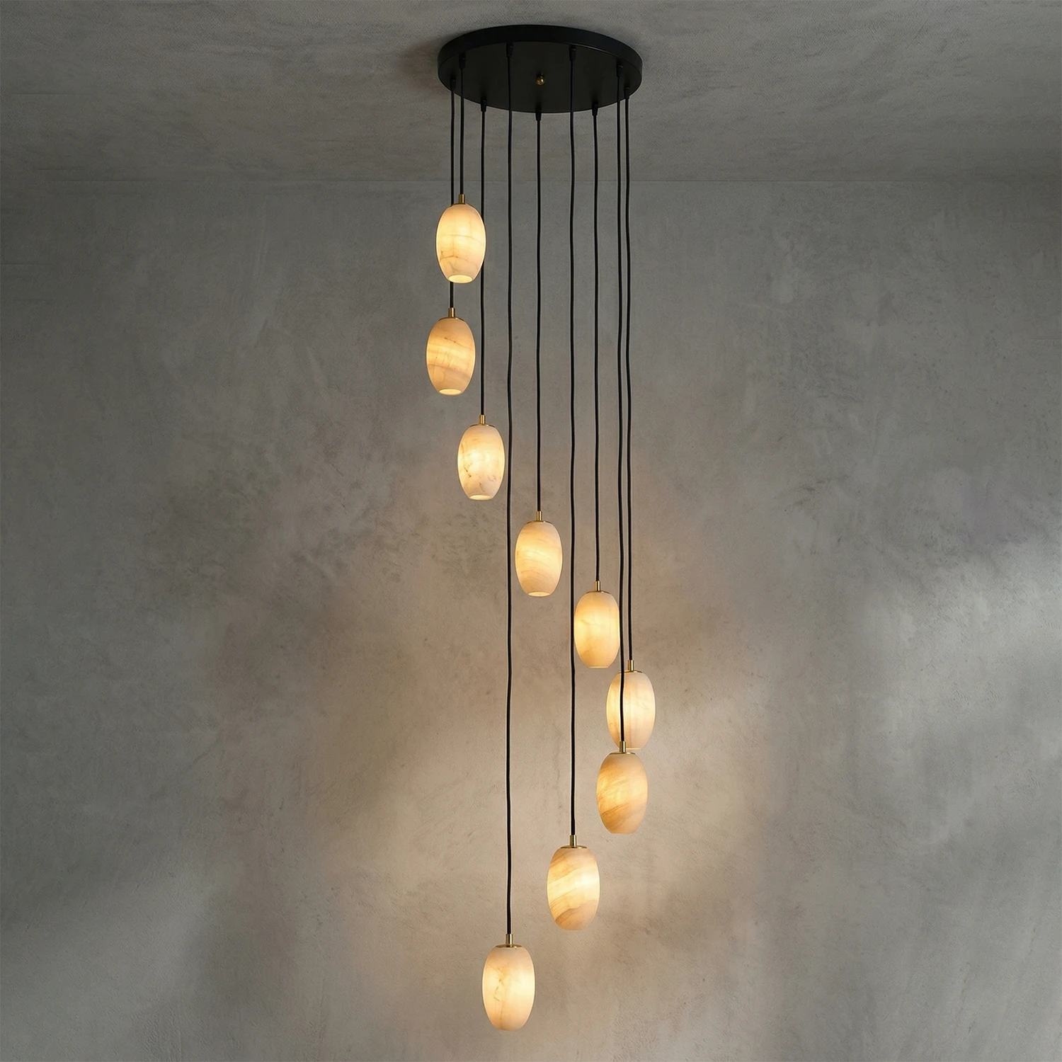 Egg-Shaped Alabaster Chandelier - 9-Light Cascade with Mixed Pendant Heights and Irregular Pattern | HoaiLamp