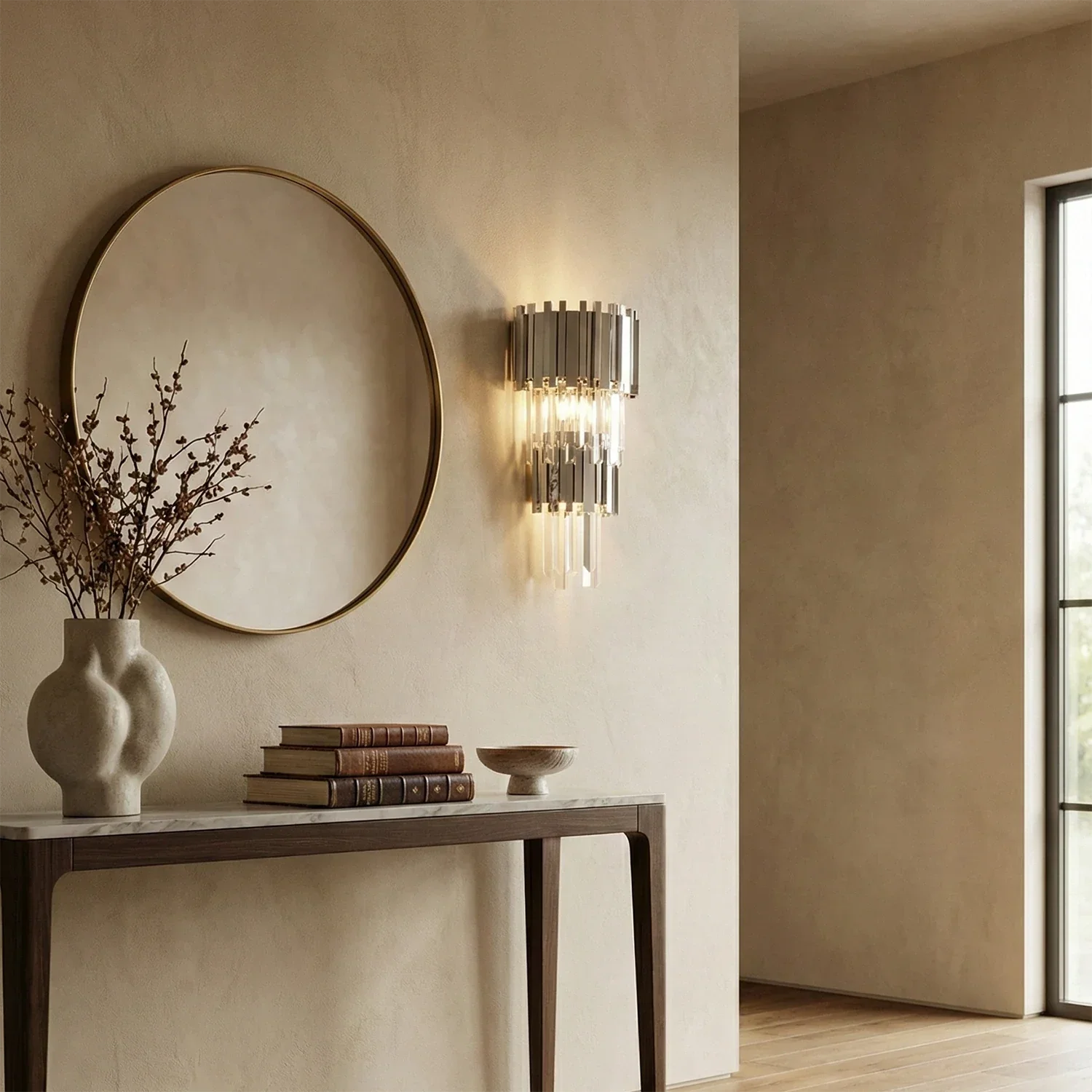 Empire Crystal Wall Lamp - Entryway Hallway Round Mirror Chrome Sconce | HoaiLamp