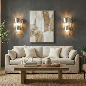 Empire Crystal Wall Lamp - Luxury Living Room Dark Grey Accent Wall Beige Sofa | HoaiLamp
