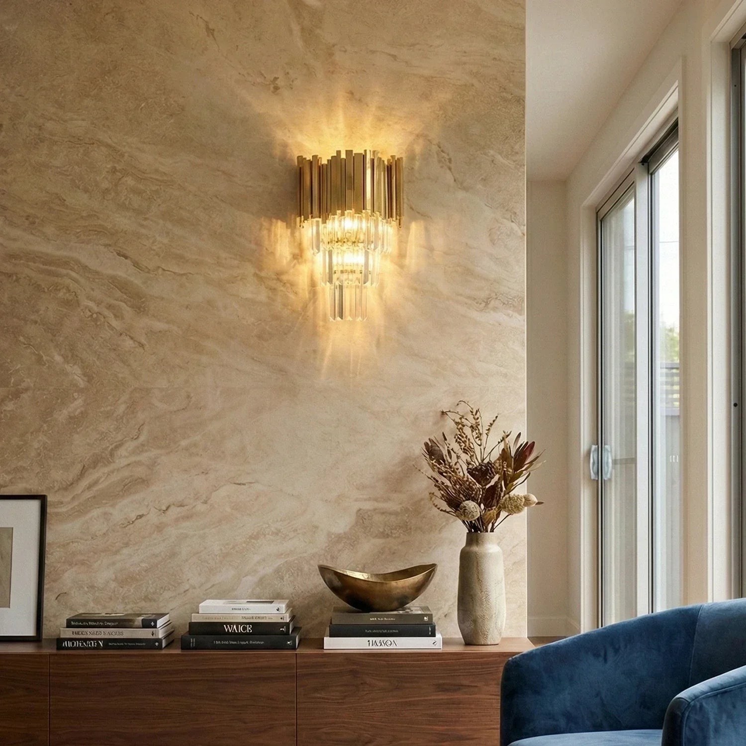 Empire Crystal Wall Lamp - Living Room Textured Wall Wooden Console Table | HoaiLamp