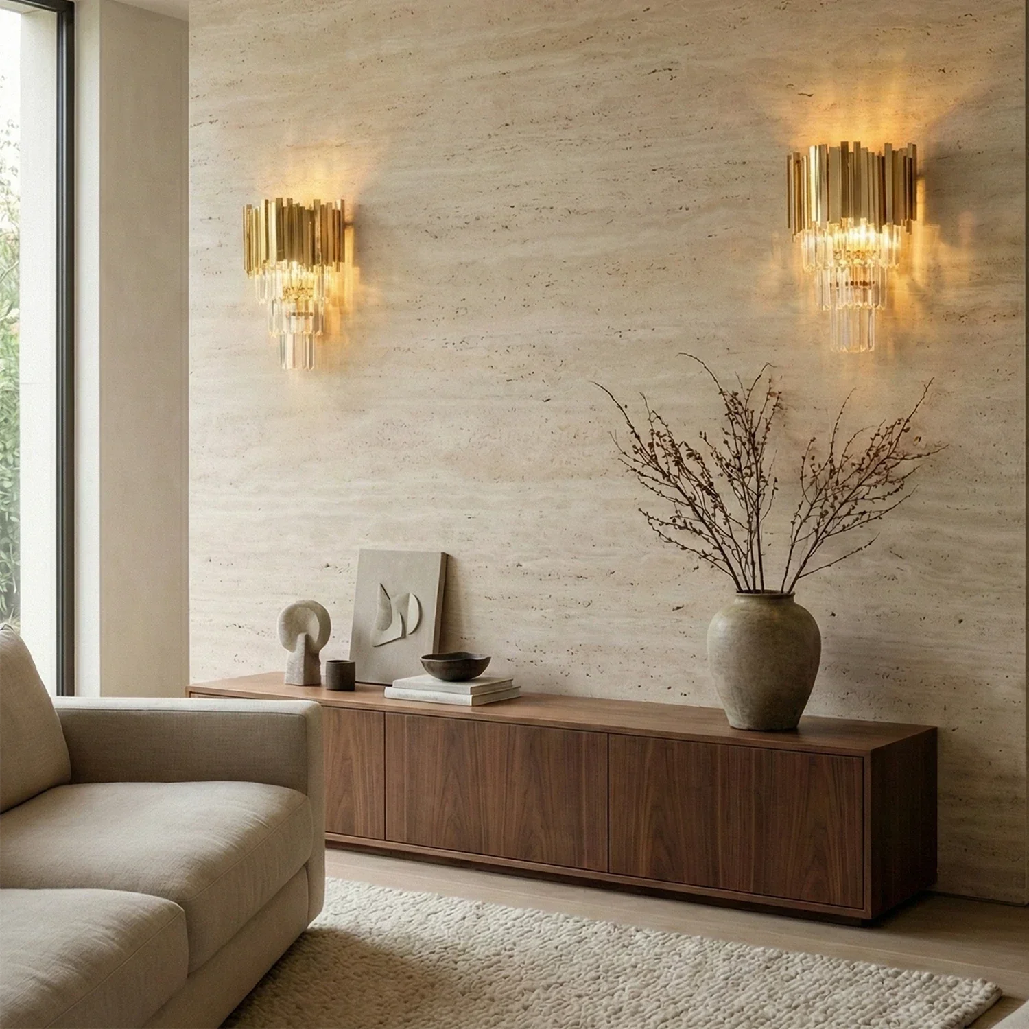 Empire Crystal Wall Lamp - Living Room Travertine Stone Wall Wooden Credenza | HoaiLamp