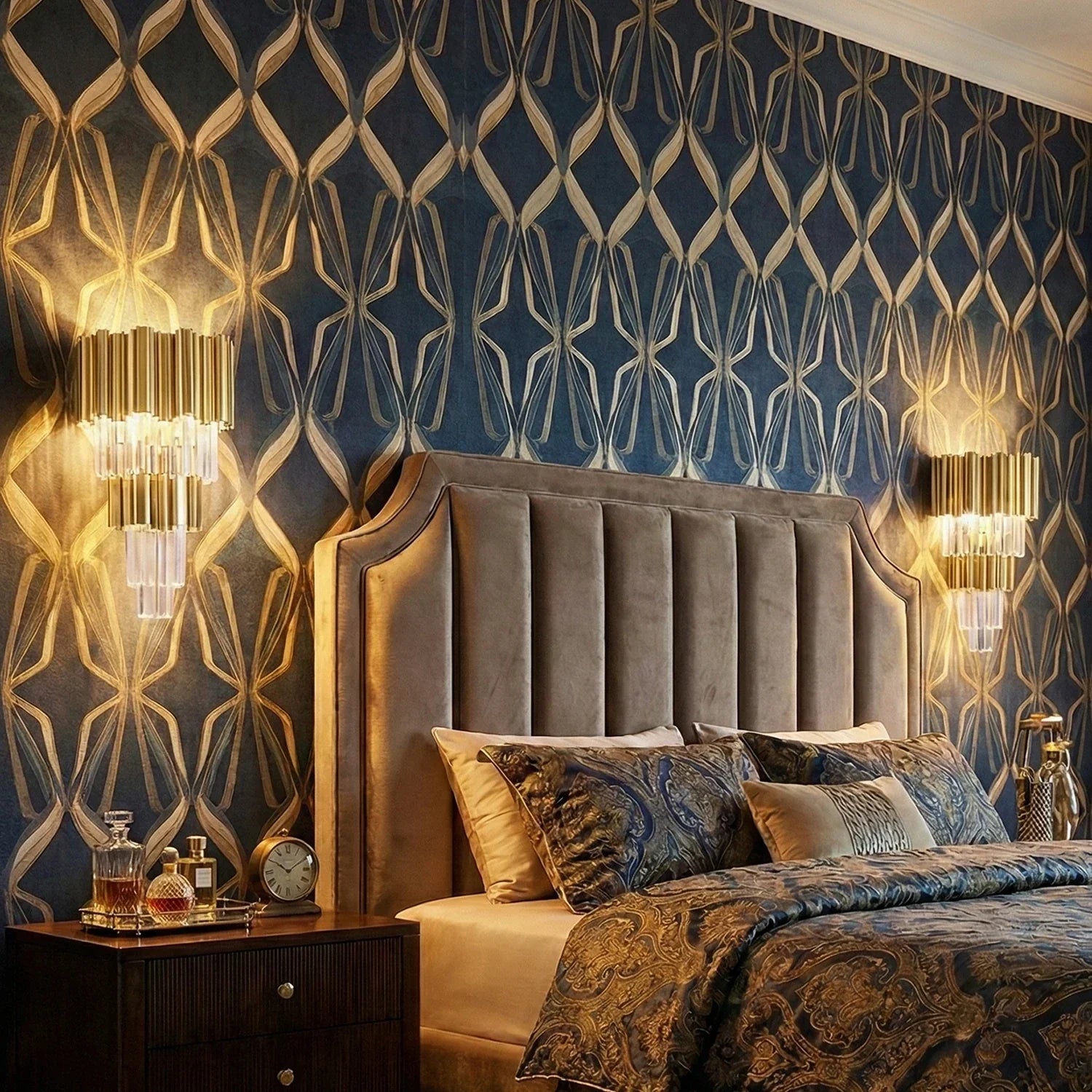 Empire Crystal Wall Lamp - Luxury Bedroom Geometric Blue Gold Wallpaper Symmetrical | HoaiLamp