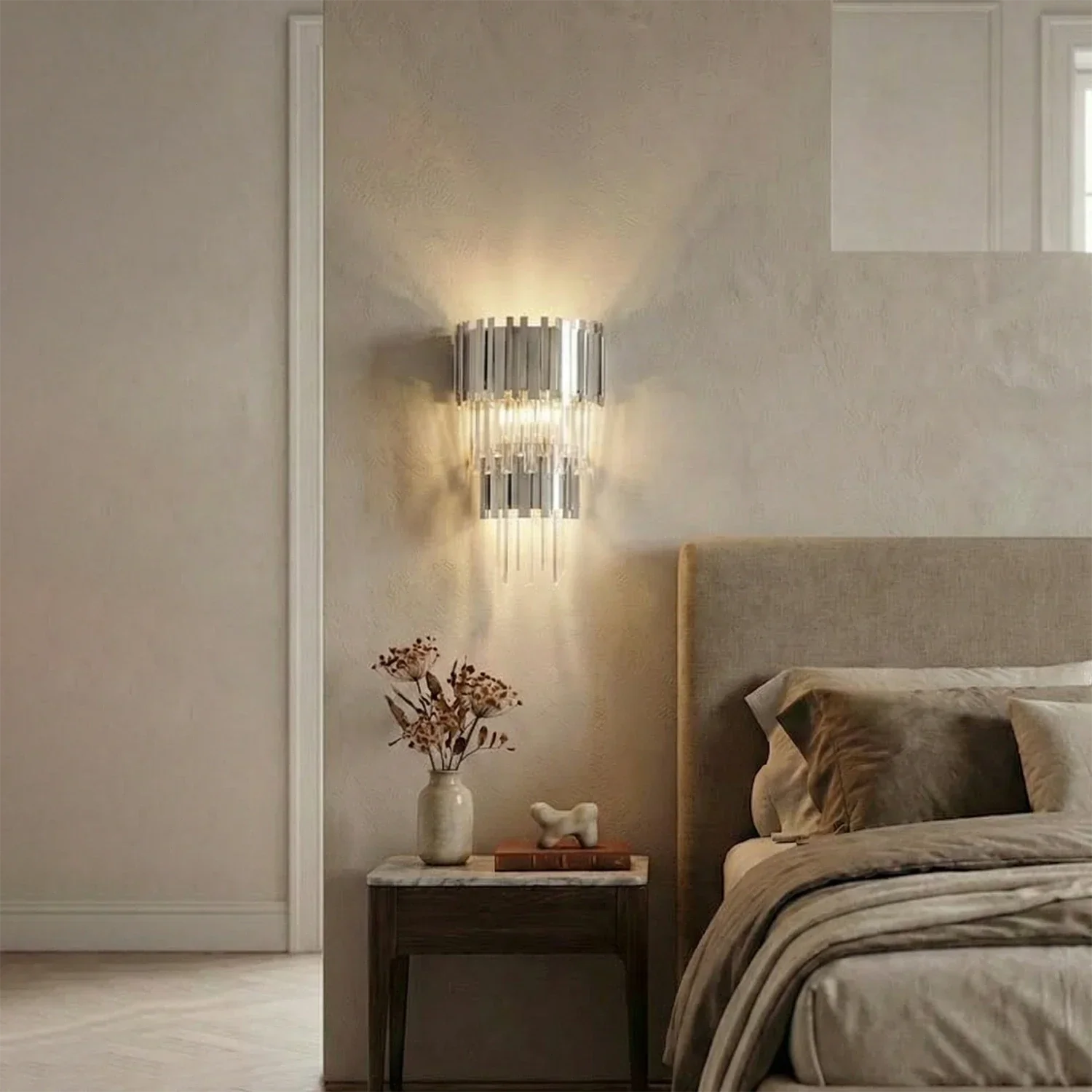 Empire Crystal Wall Lamp - Modern Bedroom Beige Tufted Headboard Chrome Fixture | HoaiLamp