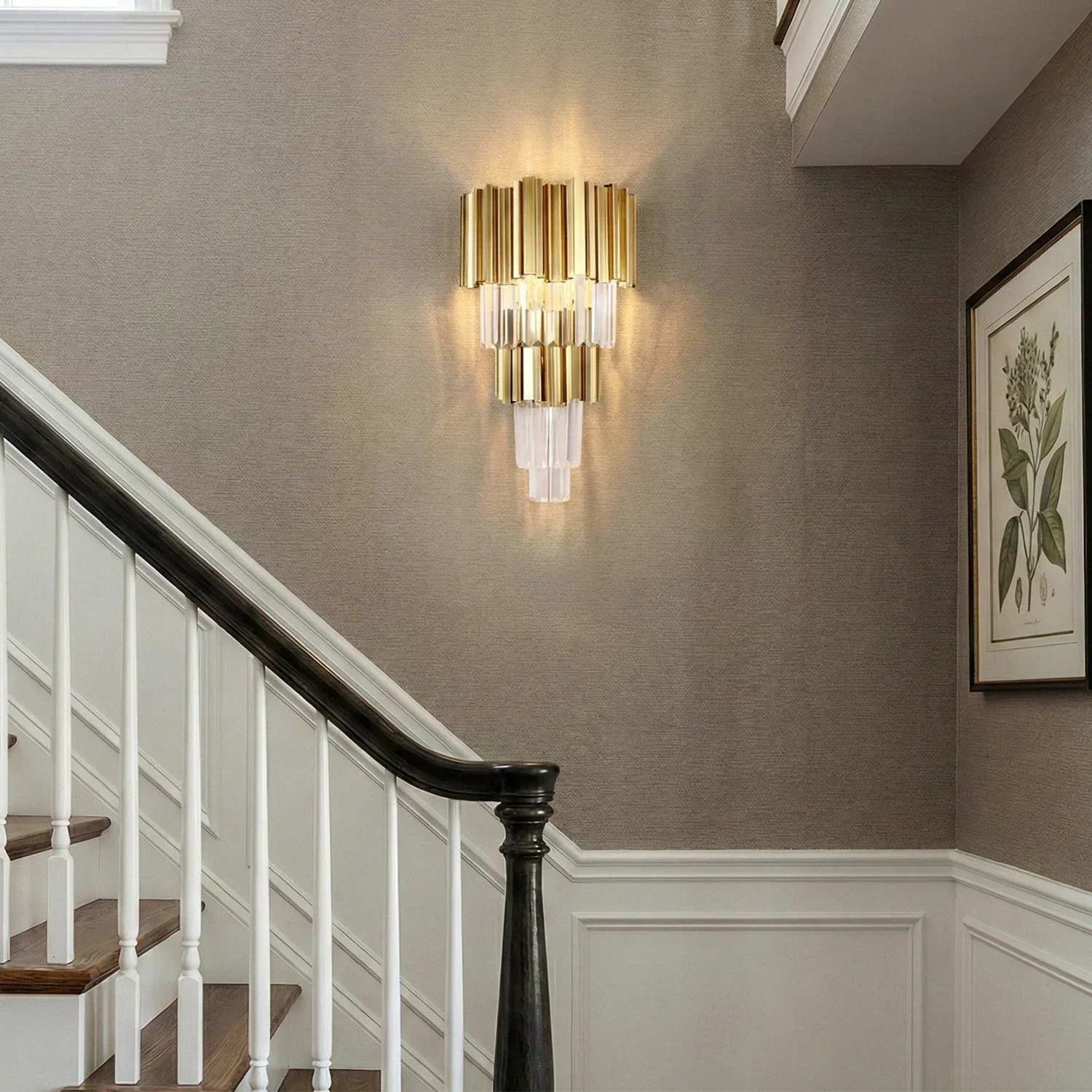 Empire Crystal Wall Lamp - Staircase Accent Wall Black Handrail Gold Fixture | HoaiLamp