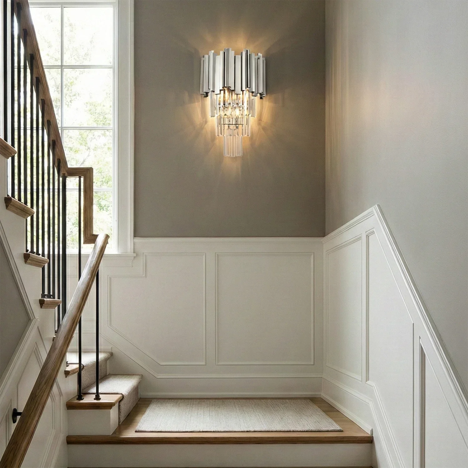 Empire Crystal Wall Lamp - Staircase Landing White Wainscoting Chrome Finish | HoaiLamp