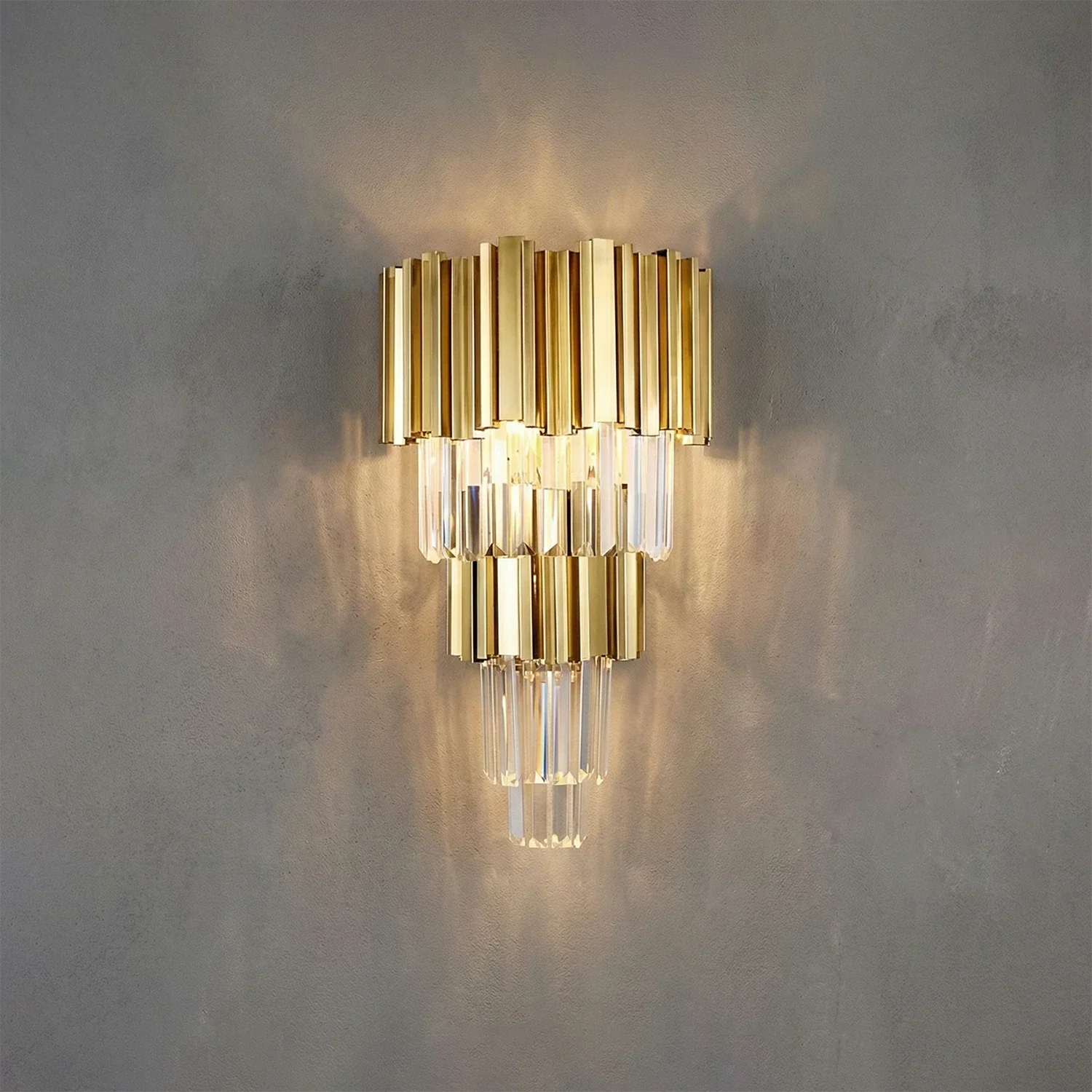 Empire Crystal Wall Lamp - Studio Grey Concrete Gold Finish Frontal View Lit | HoaiLamp