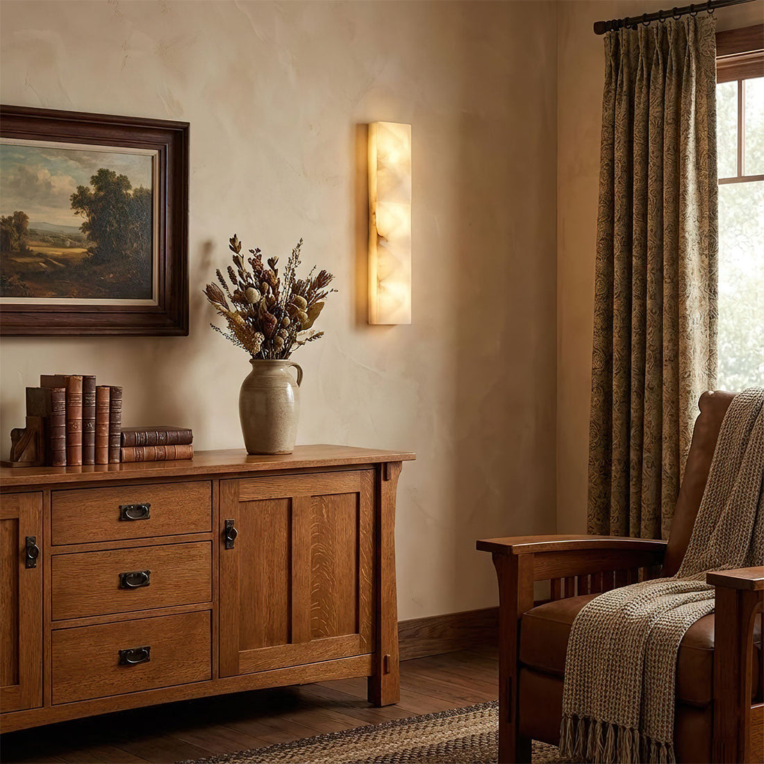 Faceted Alabaster Wall Sconce - Rustic Wooden Credenza Traditional Landscape Decor | HoaiLamp