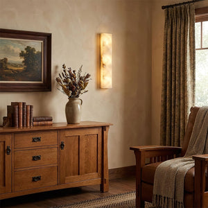 Faceted Alabaster Wall Sconce - Rustic Wooden Credenza Traditional Landscape Decor | HoaiLamp