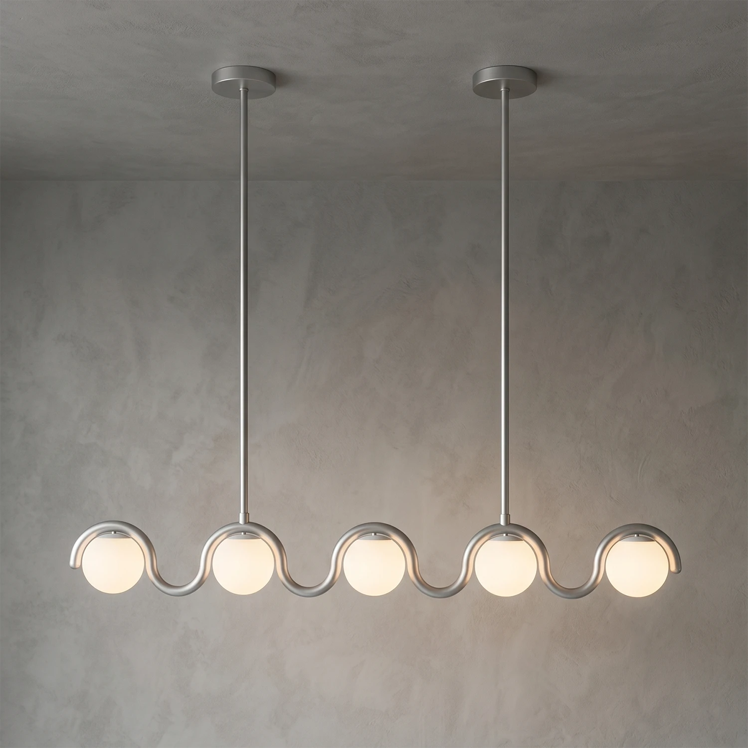 Curved Linear Opal Globe Pendant - Brushed Silver Five-Head Grand Gallery Light | HoaiLam