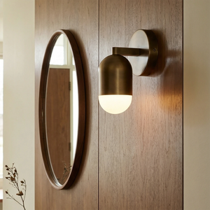 Fixed Down Brass Capsule Sconce - Wood Paneled Accent| HoaiLamp