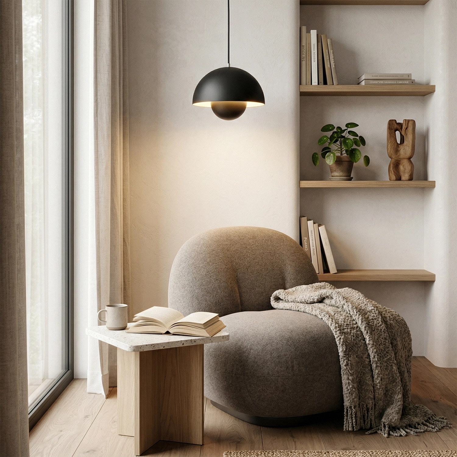 Flower Bud Pendant Light - Sleek Charcoal Black Cozy Lounge Chair Nook | HoaiLamp