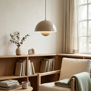 Flower Bud Pendant Light - Warm Sand Beige Reading Corner Wooden Bookshelf | HoaiLamp