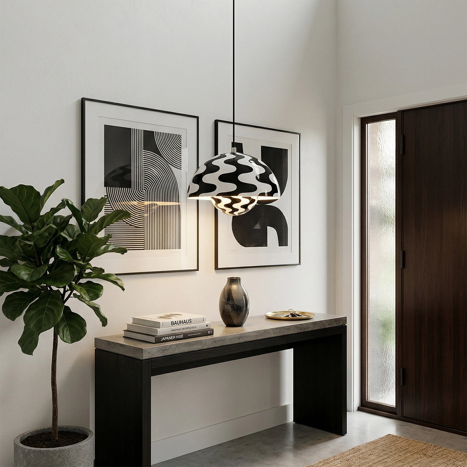 Flower Bud Pendant Light - Minimalist Hallway Entrance Black White Swirl Frame | HoaiLamp