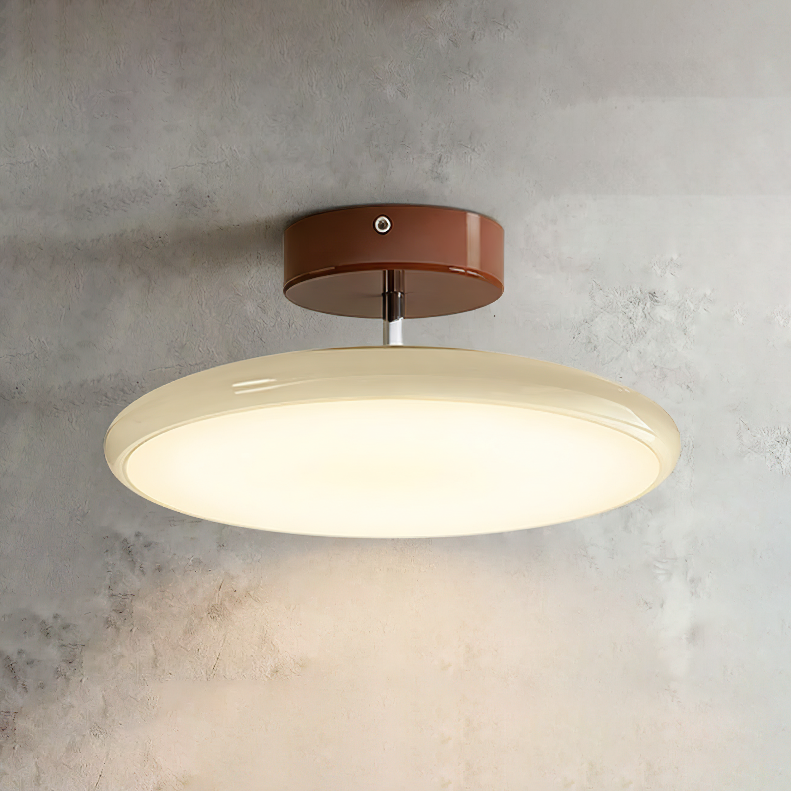 French Retro Cream Saucer Ceiling Lamp - Minimalist Warm Cream Shade Raw Plaster Backdrop | HoaiLamp