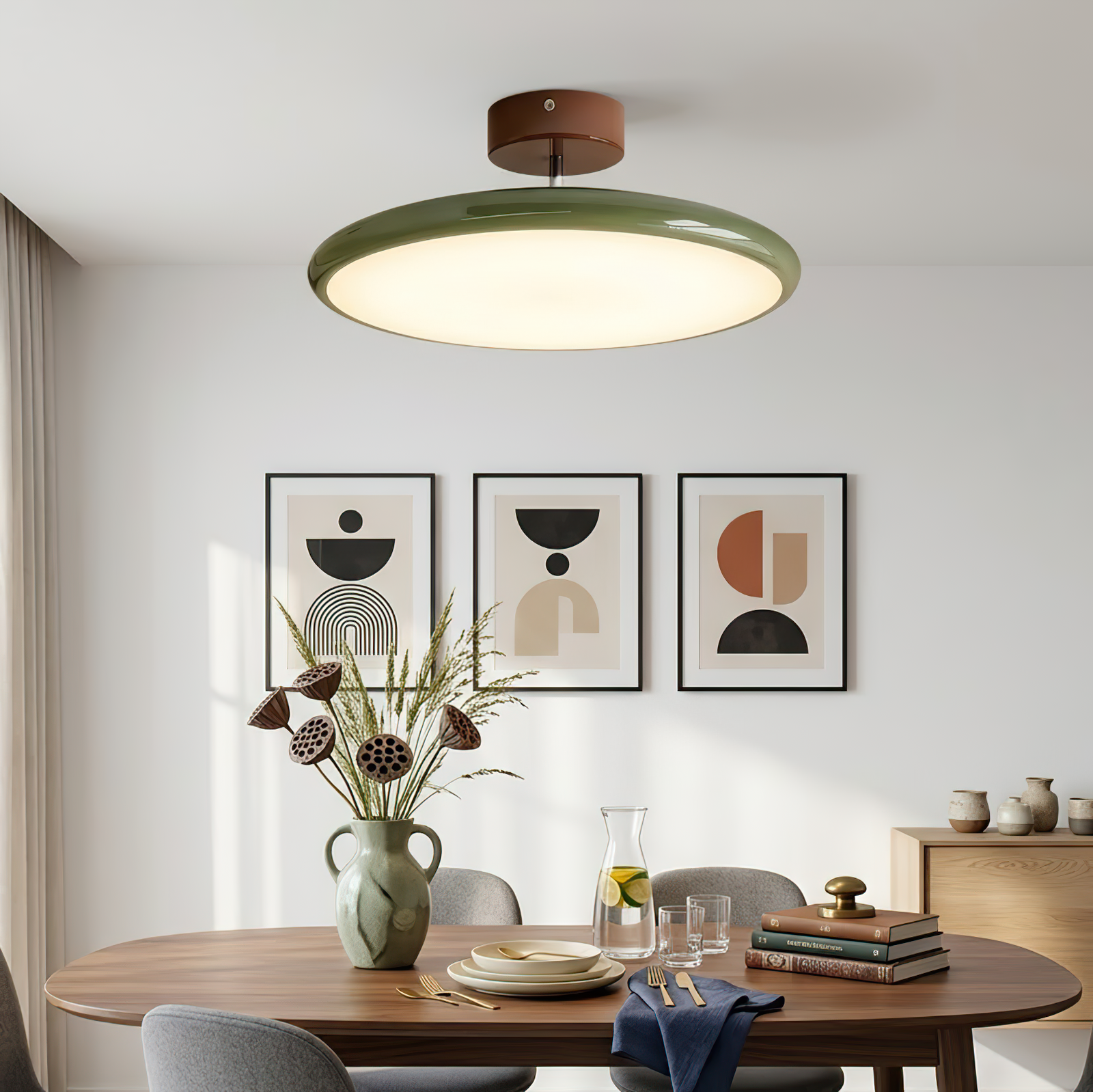 French Retro Cream Saucer Ceiling Lamp - Mid-Century Green Dining Room Gallery Wall | HoaiLamp