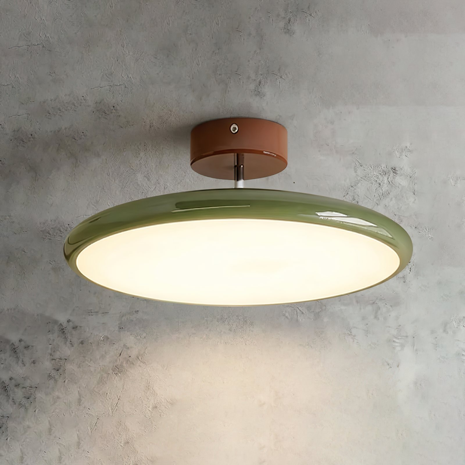 French Retro Cream Saucer Ceiling Lamp - Muted Sage Green Shade Industrial Cement Background | HoaiLamp
