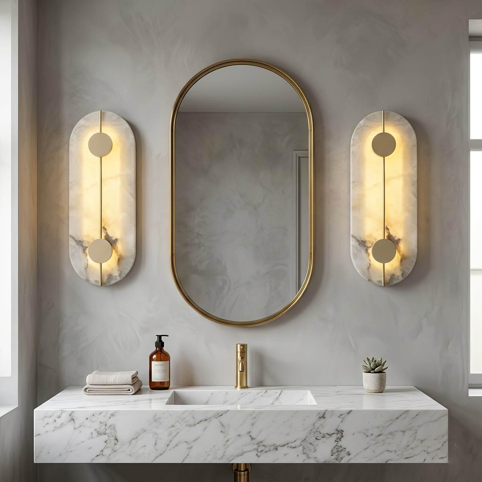 Geometric Capsule Natural Alabaster Wall Sconce - Modern Bathroom Vanity Mirror Pair | HoaiLamp