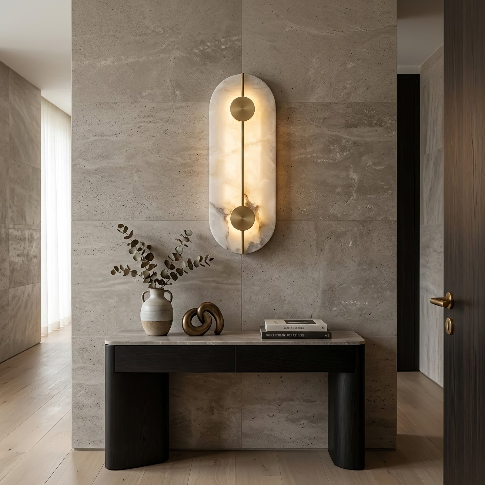 Geometric Capsule Natural Alabaster Wall Sconce - Contemporary Living Room Glow | HoaiLamp